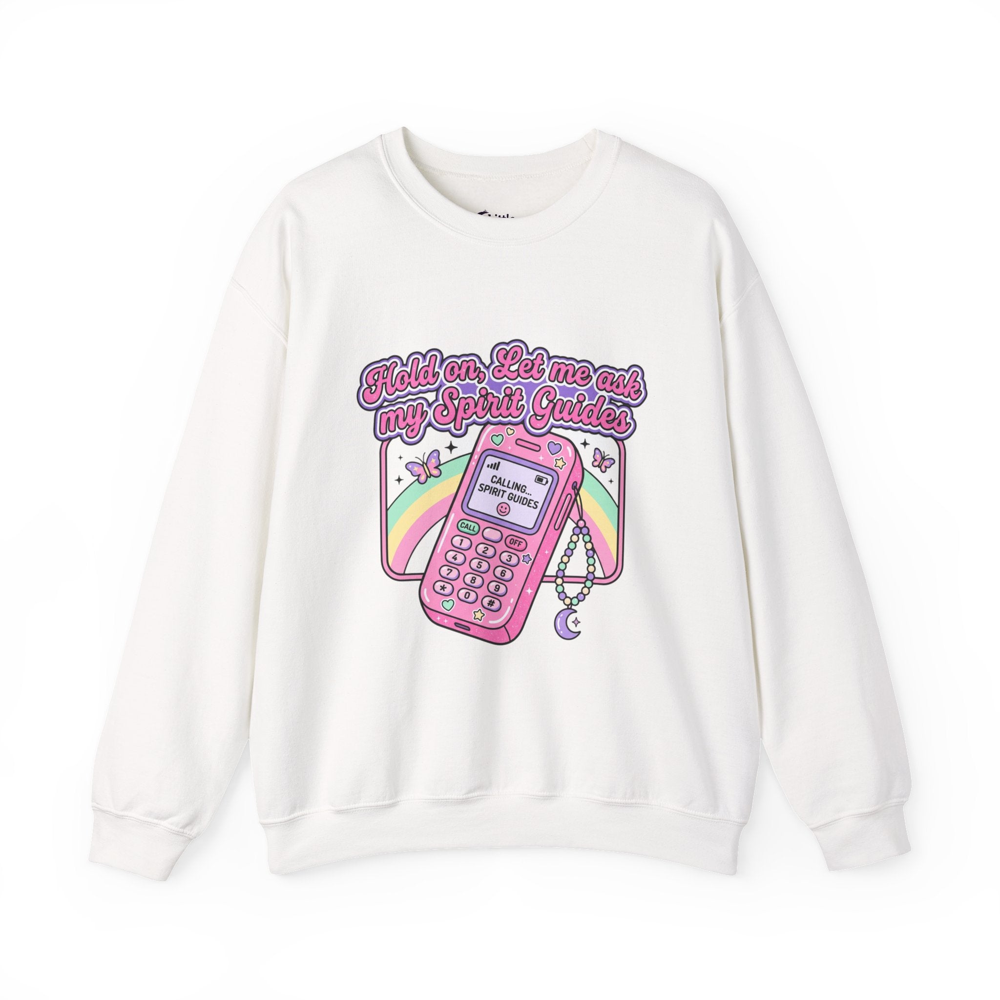 Spirit Guide Cell Phone Crewneck Sweatshirt — Cute Pink Retro Phone & Rainbow Graphic