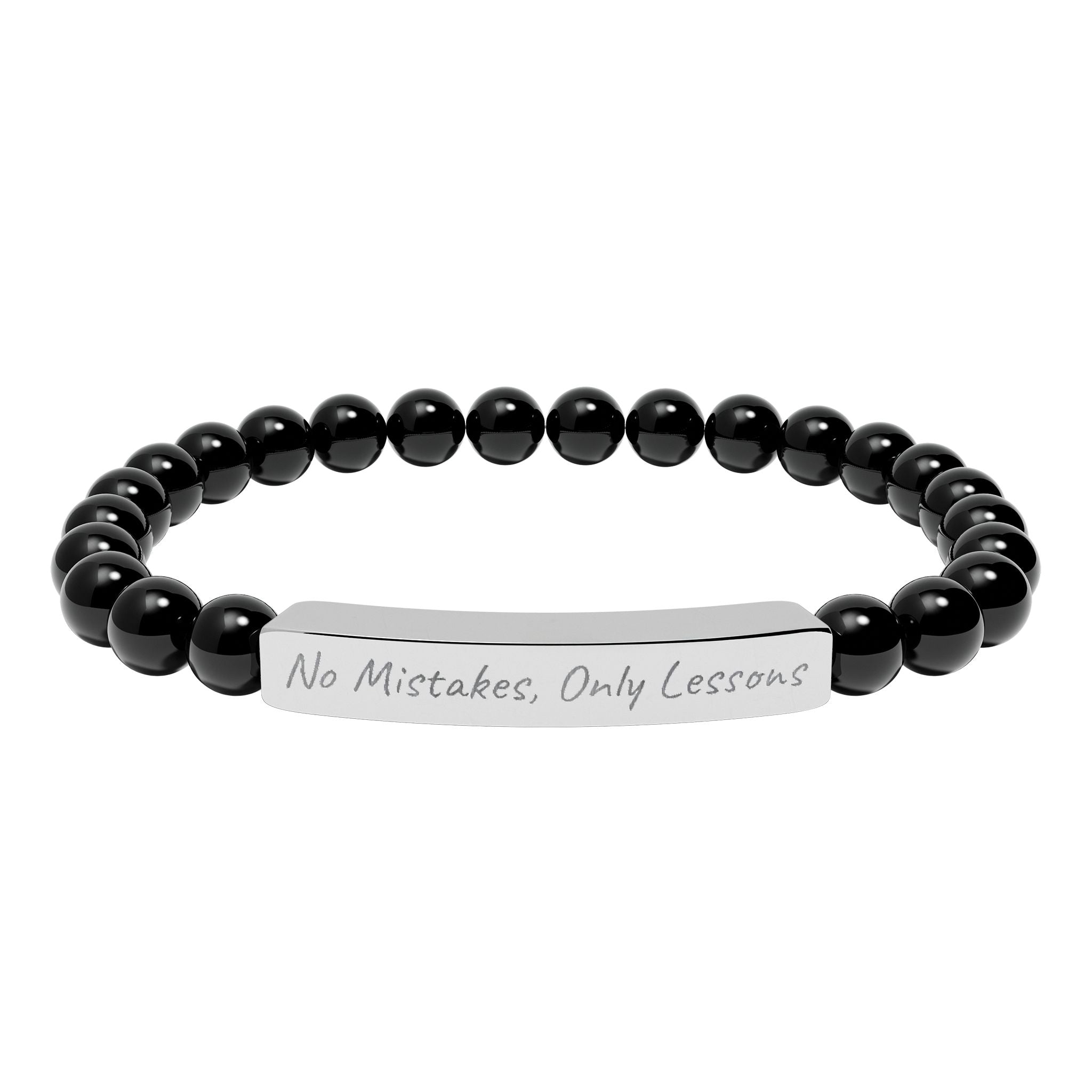 No Mistakes, Only Lessons —Engraved Natural Stone Stretch Bar Affirmation Bracelet