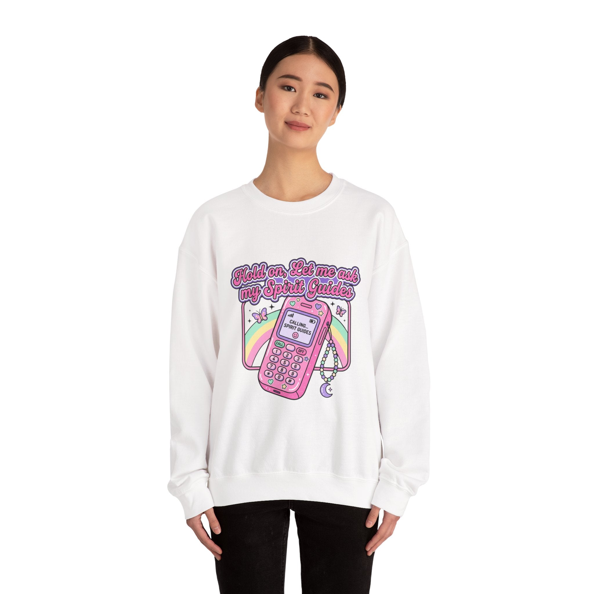 Spirit Guide Cell Phone Crewneck Sweatshirt — Cute Pink Retro Phone & Rainbow Graphic