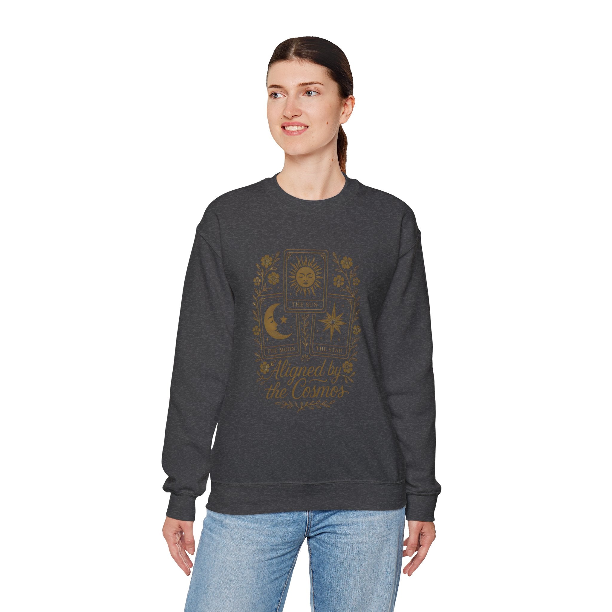 Aligned by the Cosmos Crewneck Sweatshirt — Celestial Moon & Sun Graphic