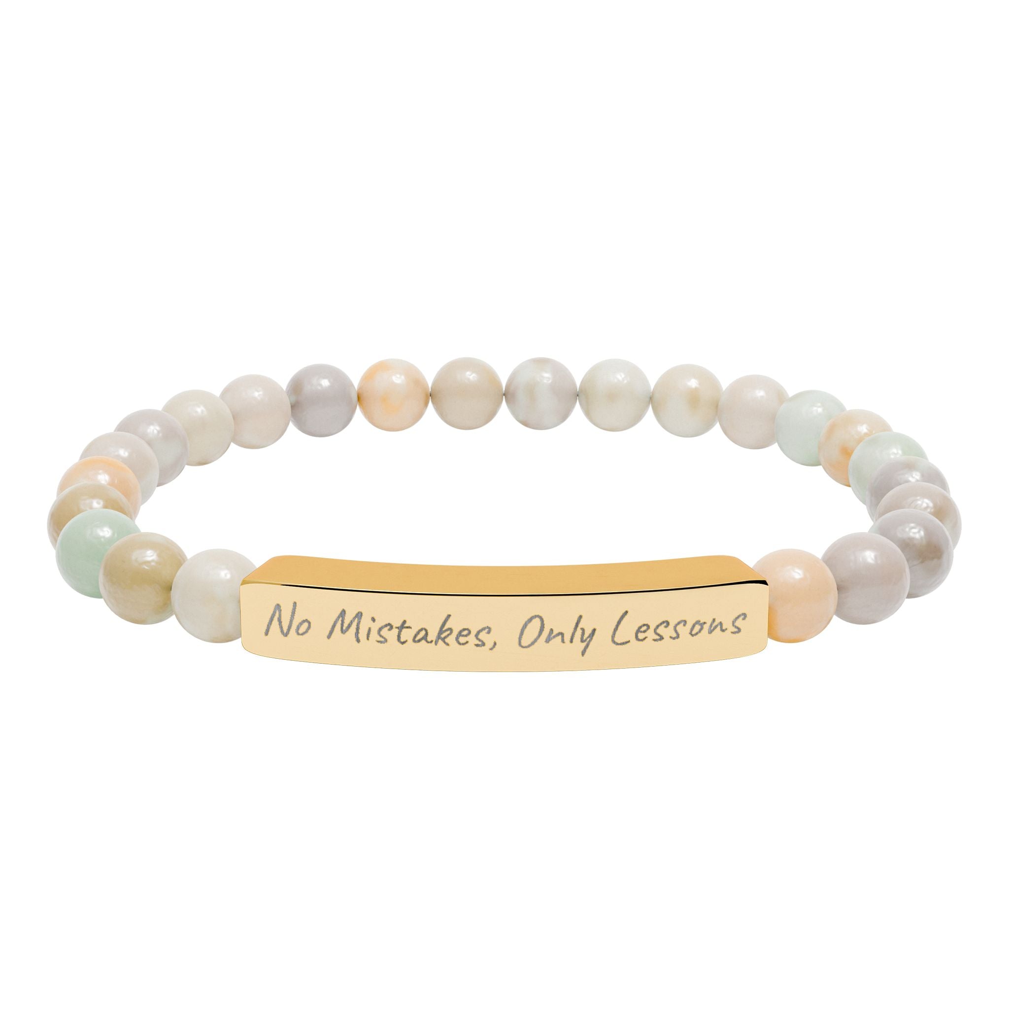 No Mistakes, Only Lessons —Engraved Natural Stone Stretch Bar Affirmation Bracelet