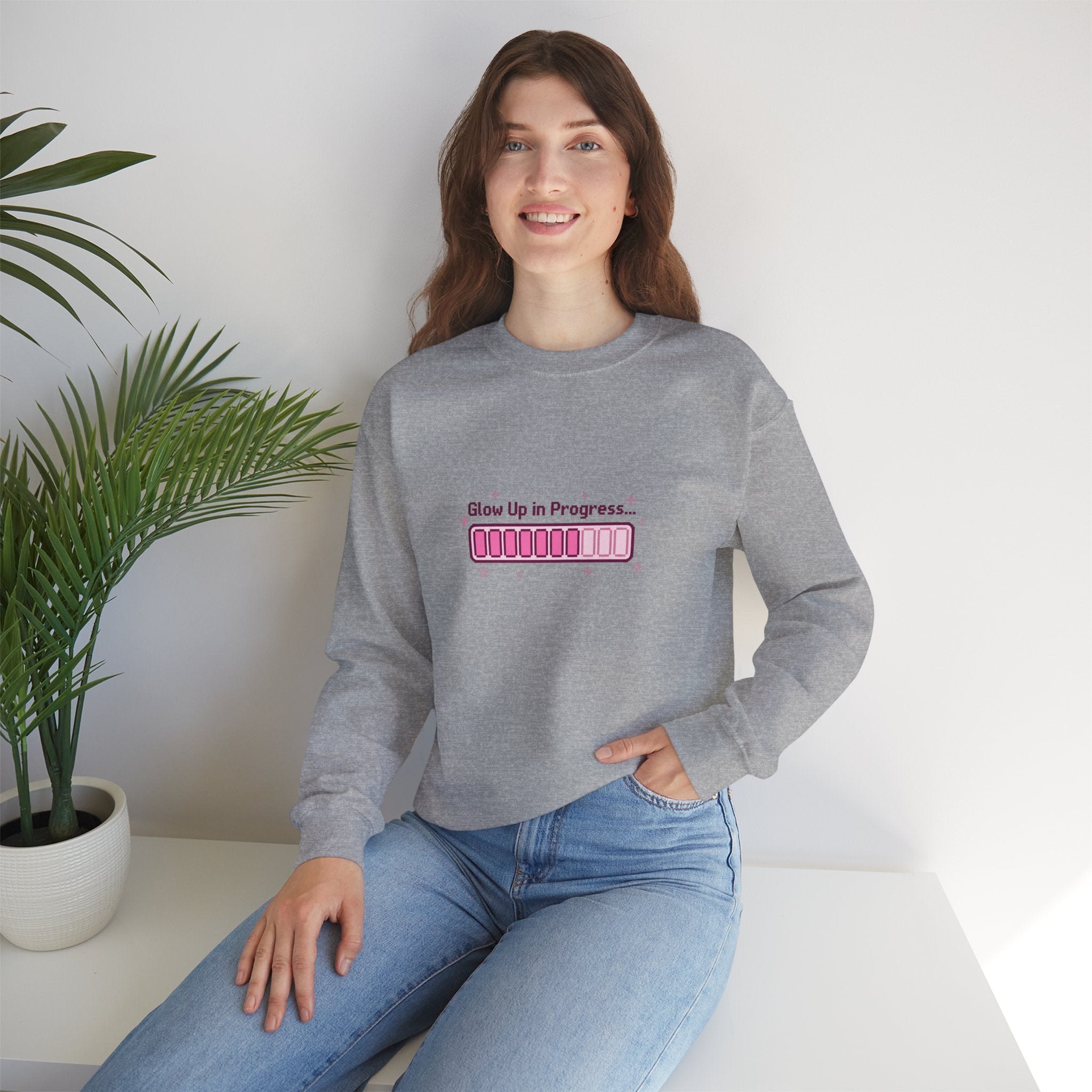 "Glow Up in Progress" Pink Loading Bar Graphic — Crewneck Sweatshirt