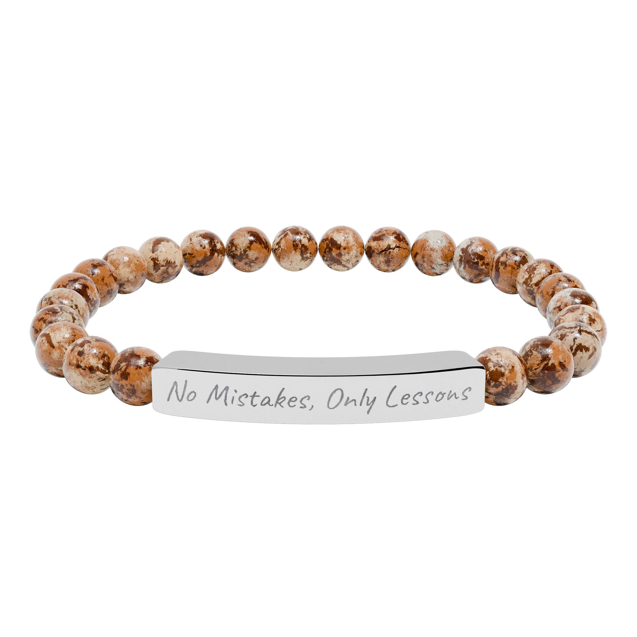 No Mistakes, Only Lessons —Engraved Natural Stone Stretch Bar Affirmation Bracelet
