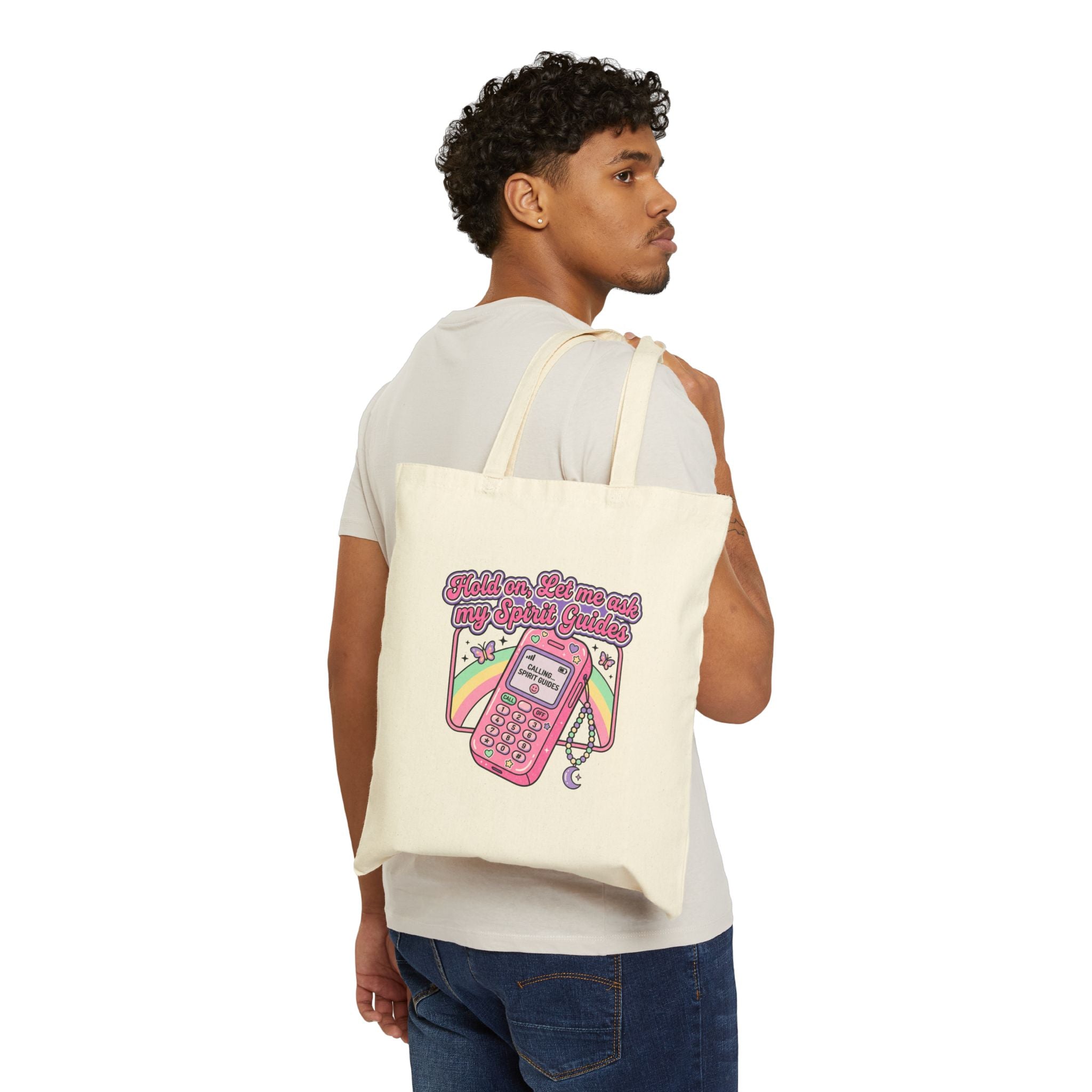 "Hold on, Let me call my Spirit Guides" Retro Cell Phone Graphic — Cotton Canvas Tote Bag
